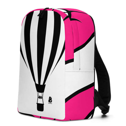 Minimalistischer Rucksack N°13 mit heißluftballon Design auf pinkem Hintergrund, vielseitig mit Laptoptasche und verstecktem Fach.