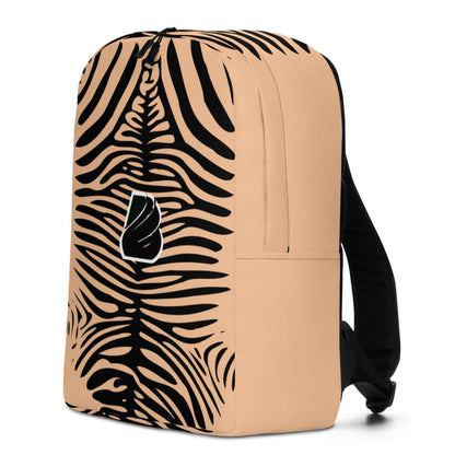 Minimalistischer Rucksack N°14 in beige mit schwarzem Zebramuster, separatem Laptoptasche und verborgenem Fach für Wertsachen, 100% Polyester.