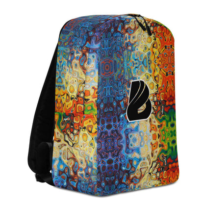 Colorful abstract design on a backpack with unique logo