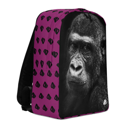 Minimalistischer Rucksack N°11 with gorilla design on pink background, featuring spacious interior and laptop compartment.