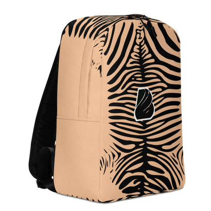 Minimalistischer Rucksack N°14 mit Zebramuster, verstecktes Fach für Wertsachen und separate Laptoptasche, beige mit schwarzem Design.