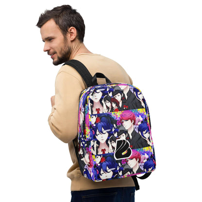 Man wearing colorful anime-themed backpack, showcasing vibrant character designs.