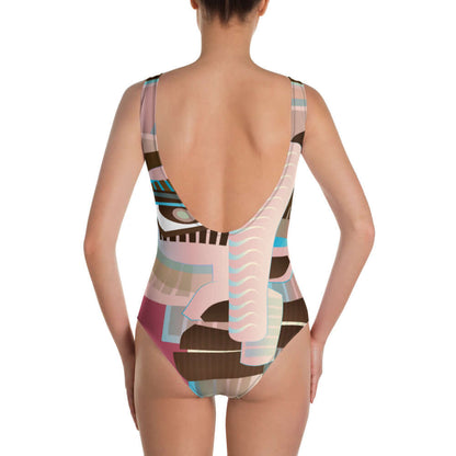 Einteiliger Badeanzug N°18 mit buntem, schmeichelhaftem Design, Rückansicht mit tiefem U-Ausschnitt. Perfekt für Strand und Pool.