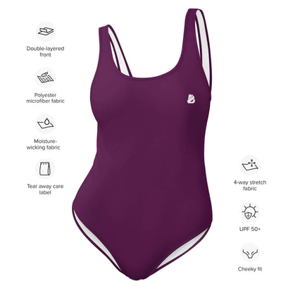 Einteiliger Badeanzug N°17 in lila mit U-Ausschnitt, chlorbeständig, aus 82% Polyester und 18% Elastan mit UPF 50+ Schutz.