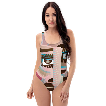 Frau trägt Einteiliger Badeanzug N°18 mit frechem Design, ideal für alle Figuren, aus chlorbeständigem Stoff, am Strand oder am Pool.