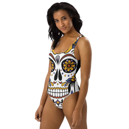 Einteiliger Badeanzug N°5 mit buntem Totenkopf-Design, schmeichelhaft und chlorbeständig, perfekt für Strand und Pool.