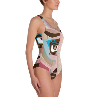 Einteiliger Badeanzug N°18 mit buntem abstrakten Muster, schmeichelndes Design für alle Figuren.