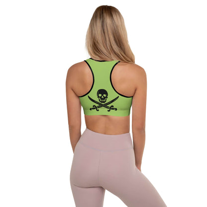 Rückansicht eines grünen Gepolsterter Sport-BH N°3 mit Totenkopf-Design, ideal für Workouts, bequem und feuchtigkeitsabsorbierend.