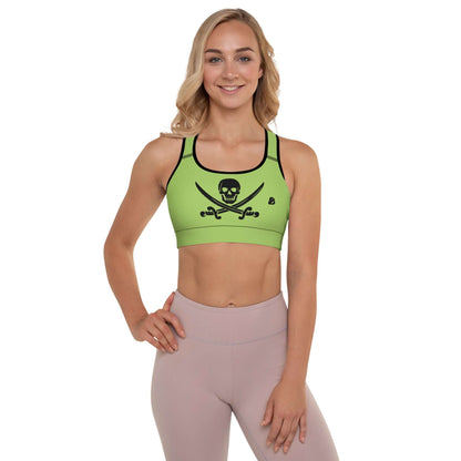 Woman wearing Gepolsterter Sport-BH N°3, green padded sports bra with skull design, ideal for workouts and support.