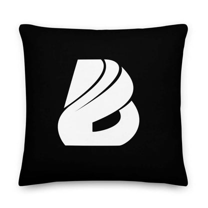 Premium-Kissen N°2 with logo design, black polyester cover, hidden zipper, and durable, linen-feel fabric.