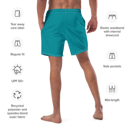 Rear view of Herren-Badehosen N°10 in teal featuring quick-dry material, elastic waistband, and side pockets.