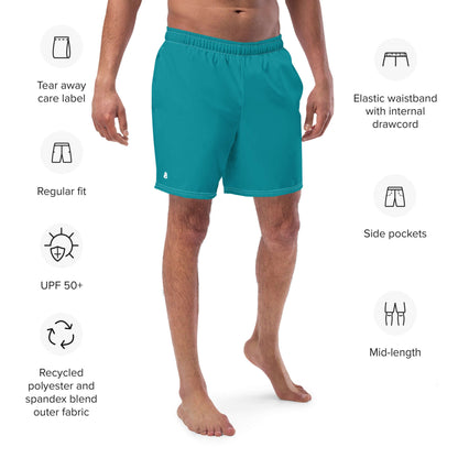Herren-Badehosen N°10 mid-length teal swim shorts featuring a regular fit, UPF 50+ protection, side pockets, and elastic waistband.