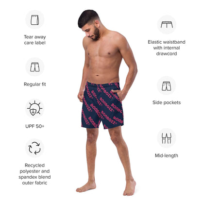 Man wearing Herren-Badehosen N°9, showcasing features like tear away label, elastic waistband, UPF 50+, and recycled fabric.