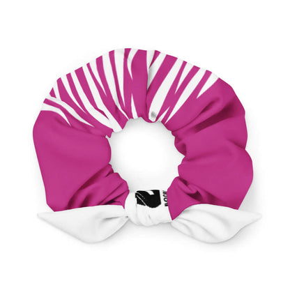 Scrunchie N°1 in pink and white stripe pattern, made of polyester and elastane, providing trendy style and secure hair hold.
