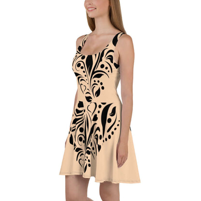 Model wearing Skater-Kleid N°5, sleeveless with elegant design, soft material, flared skirt accentuating vibrant pattern.