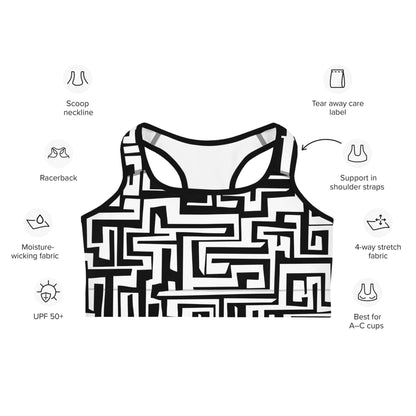 Sport-BH N°8 with geometric pattern, featuring moisture-wicking fabric, racerback, scoop neckline, and supportive shoulder straps.