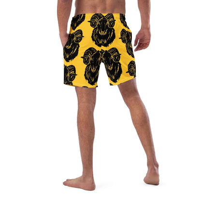 Back view of Herren-Badehosen N°6 with ram print design, yellow color, breathable and quick-drying feature for summer.