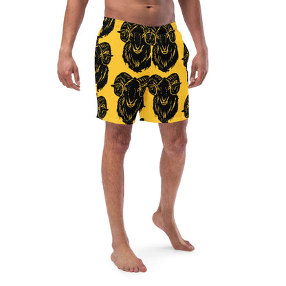 Herren-Badehosen N°6 in yellow with ram print, quick-dry and breathable fabric, featuring multiple pockets and silky lining for comfort.