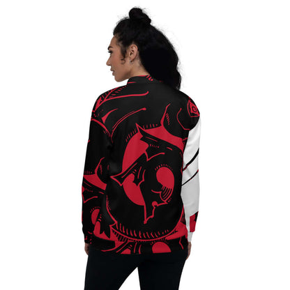 Person wearing Unisex Bomberjacke N°4 with full print design, showcasing style over casual outfit.