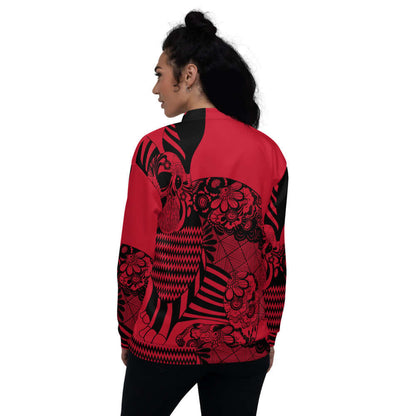 Red and black patterned Unisex Bomberjacke N°6 worn by a model, showcasing its unique design and relaxed fit.