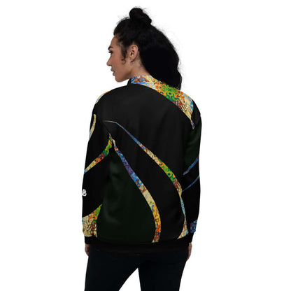 Person wearing Unisex Bomberjacke N°12 with colorful abstract pattern, showcasing stylish design and versatile fit for any outfit