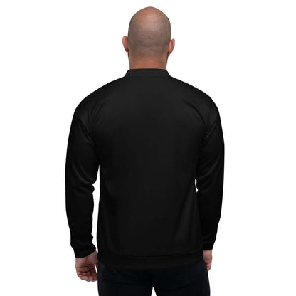 Back view of Unisex Bomberjacke N°15 in black color worn by a model, showcasing the loose fit and fleece lining for style and comfort.