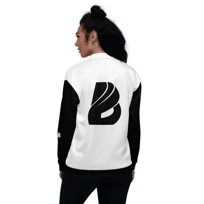 Unisex Bomberjacke N°16 with black logo on back, model wearing it over casual outfit, stylish and versatile jacket.