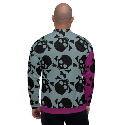 Unisex Bomberjacke N°17 with skull pattern, back view, featuring a fleece interior and loose fit stylish for any outfit.