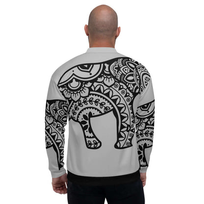 Unisex Bomberjacke N°25 featuring intricate black and white elephant design on back, modeled from behind.