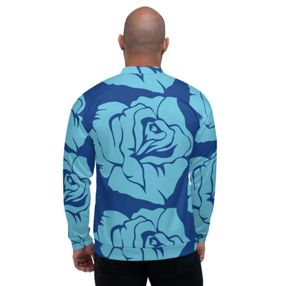 Back view of blue floral Unisex Bomberjacke N°26 showcasing its bold pattern and fleece inside, perfect for any outfit.