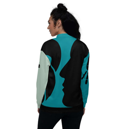Unisex Bomberjacke N°27 featuring a stylish all-over abstract design with blue and black colors, worn by a person looking away.