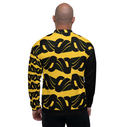 Rückansicht der Unisex Bomberjacke N°28 mit gelbem und schwarzem Muster, geeignet für alle Jahreszeiten und Anlässe.