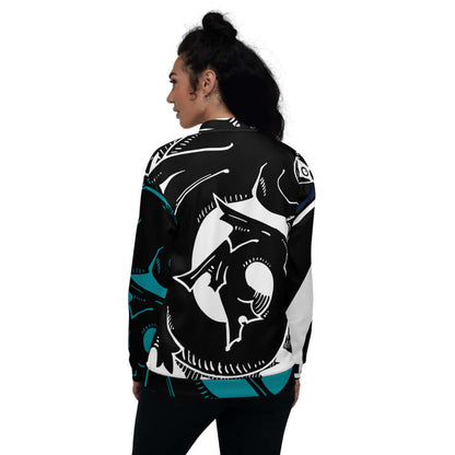 Woman wearing Unisex Bomberjacke N°29 with abstract black and white design, showcasing the back view of the stylish jacket.