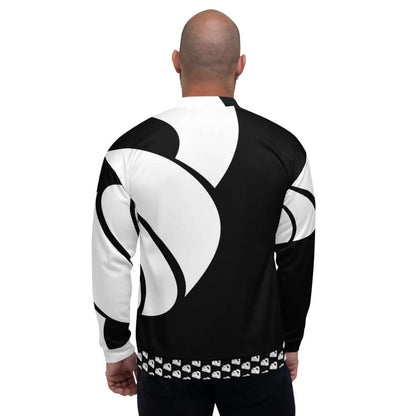 Back view of a Unisex Bomberjacke N°30 with black and white abstract design, fleece inside, and loose fit.