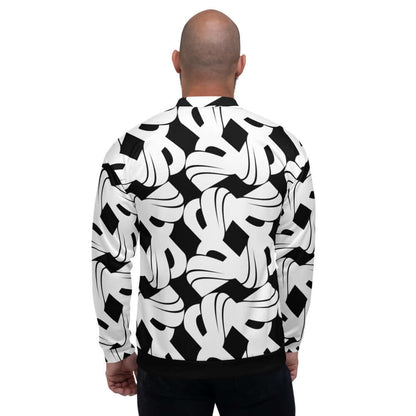 Man wearing stylish Unisex Bomberjacke N°32 with black and white pattern, perfect for versatile outfits.