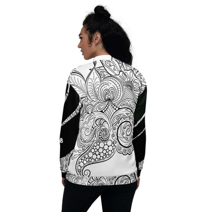 Unisex Bomberjacke N°33 with artistic black and white pattern, displayed on a model, highlighting versatile and stylish design.