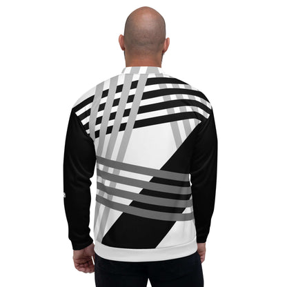 Back view of Unisex Bomberjacke N°37 with geometric black and white pattern, worn by a man, showcasing unique design and unisex fit.