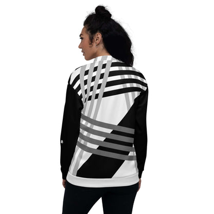 Back view of model wearing Unisex Bomberjacke N°37 with black and white geometric design.