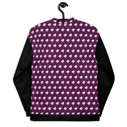 Purple and black Unisex Bomberjacke N°39 with a printed pattern hanging on a hook