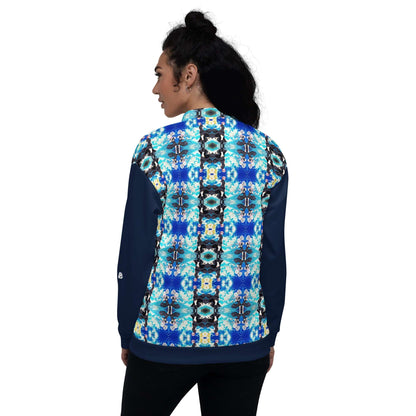 Person wearing colorful patterned Unisex Bomberjacke N°40 with fleece interior, showcasing unique design and comfortable fit.