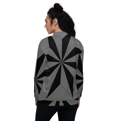 Unisex Bomberjacke N°41 in black and gray geometric print, showcasing back view. Fleece-lined, perfect for layering with T-shirts or hoodies.