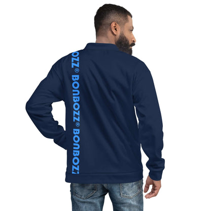 Man wearing a navy blue jacket with 'BONBOZZ' printed vertically on the back, paired with jeans.