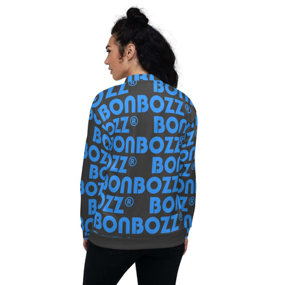 Person wearing Unisex Bomberjacke N°43 with blue and black letters, showcasing stylish back design in casual outfit.