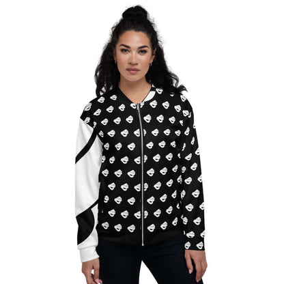 Unisex Bomberjacke N°1, complete with all-over print, worn by model; versatile unisex style with fleece interior.