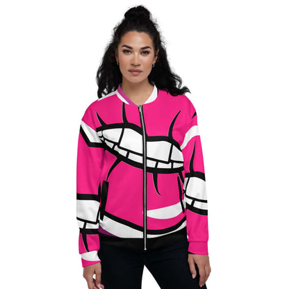 Woman wearing a pink patterned Unisex Bomberjacke N°2, vibrant and stylish fashion choice.