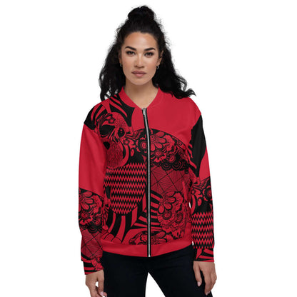 Model wearing Unisex Bomberjacke N°6 with red and black pattern, highlighting its stylish design and comfortable fit.