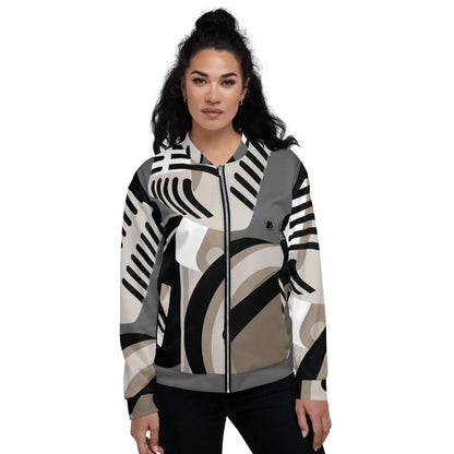 Model wearing Unisex Bomberjacke N°8 with abstract design, showcasing versatile style and fleece interior for all-season comfort.