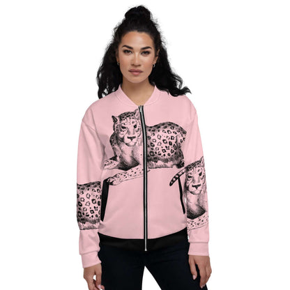 Model wearing Unisex Bomberjacke N°13 with leopard print, showcasing stylish and trendy design for versatile fashion.
