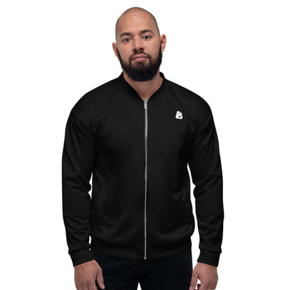 Unisex Bomberjacke N°15 in black with zipper front, modeled by a person. Features fleece lining and casual fit. Ideal for layering.