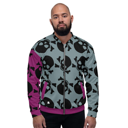 Unisex Bomberjacke N°17 with skull pattern, shows vibrant design and loose fit.